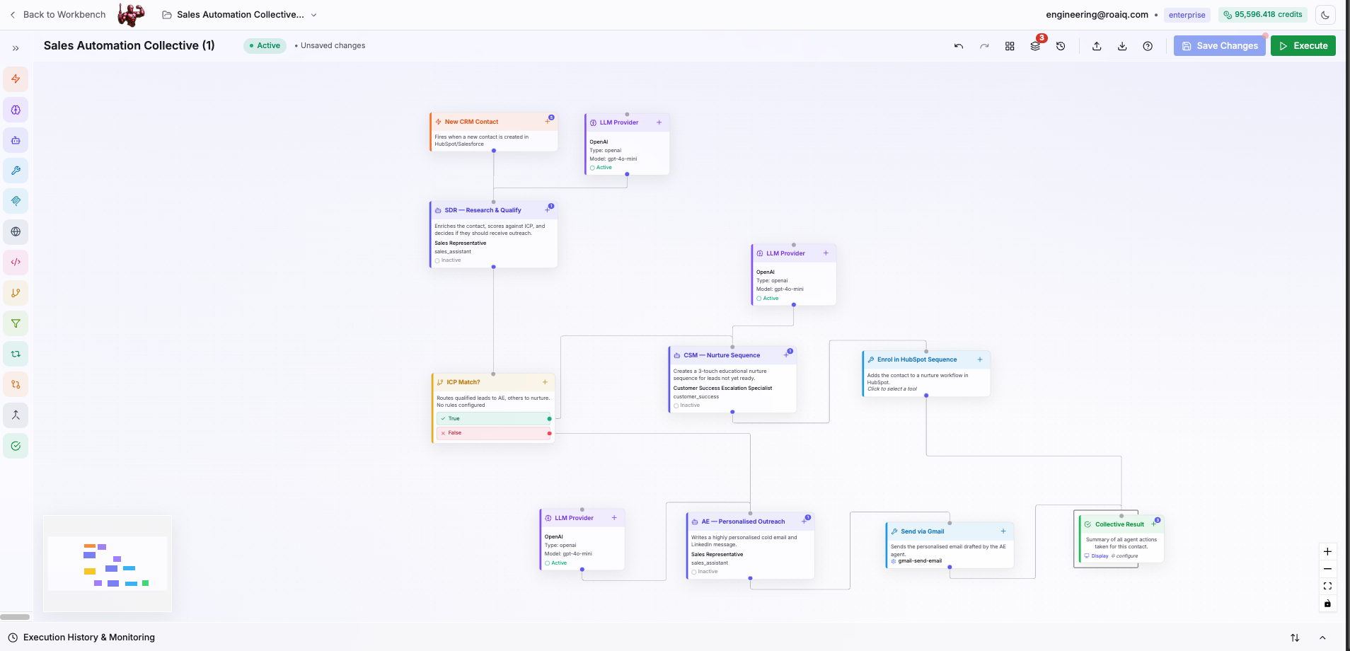 A real Matimo Studio workflow canvas: a sales automation agent collective with a CRM trigger, LLM-backed SDR and AE agents, a branching ICP qualification rule, a nurture sequence, and a Gmail send step